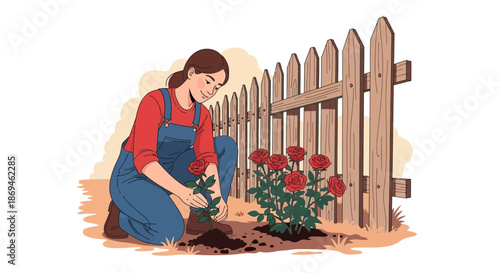 A dedicated female gardener in blue overalls planting beautiful red roses.