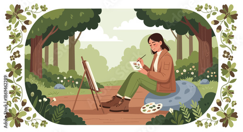 A focused female painter creating art outdoors with an easel and palette.