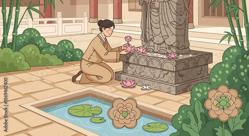 A serene woman in traditional Asian attire kneels at a stone shrine.