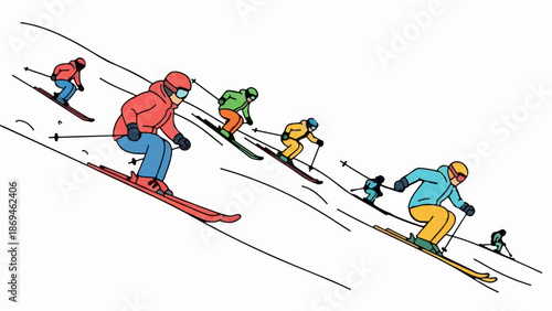 Multiple skiers race down a snow-covered mountain slope in a vibrant illustration