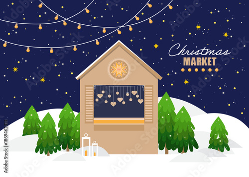Christmas market
Illustration of the Christmas fair with cottage shop and Christmas decorations