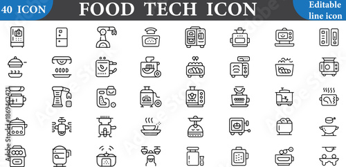 Food tech icons in editable line style for culinary and technology applications