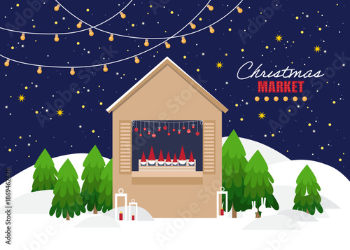 Illustration of the Christmas market with cottage shop and Christmas decorations