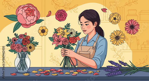 A skilled female florist meticulously arranges a vibrant bouquet of flowers.