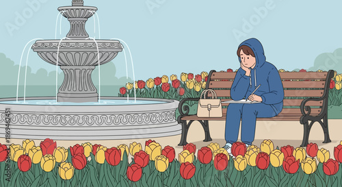 A solitary person in a blue hoodie writing in a journal on a park bench.