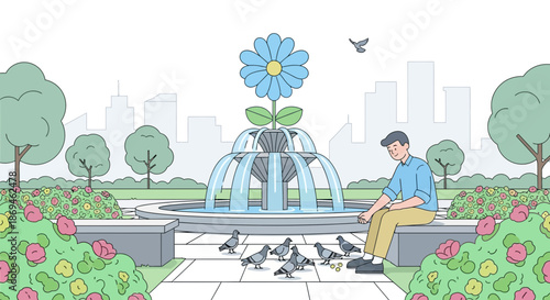A young man in casual clothes sits on a park bench feeding pigeons.