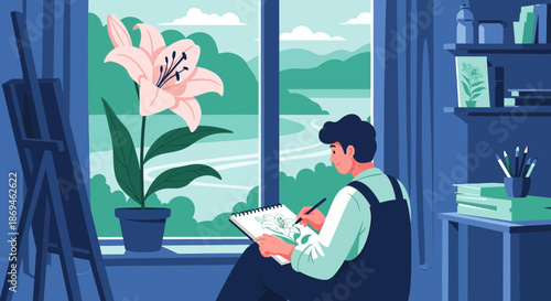Creative male artist sketching a beautiful lily flower in his sketchbook.