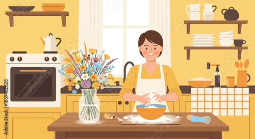 Cheerful woman in a white apron mixing dough in a bowl for baking.