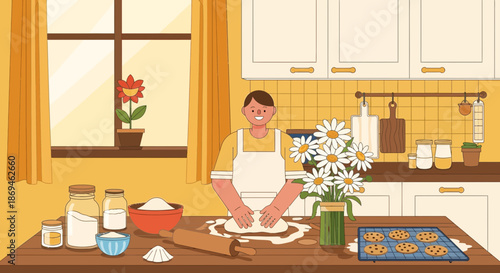 Cheerful woman in an apron kneading dough for baking at home.