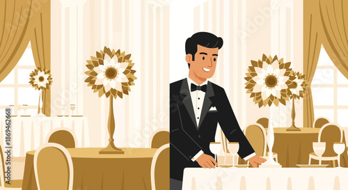 Elegant waiter in a classic tuxedo preparing a formal dining table for an event.