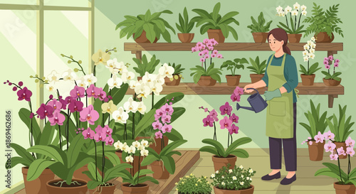 Female florist in an apron watering a collection of colorful orchid plants.