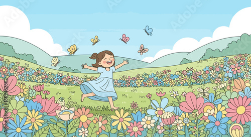 Happy cartoon girl in a blue dress running joyfully with butterflies.