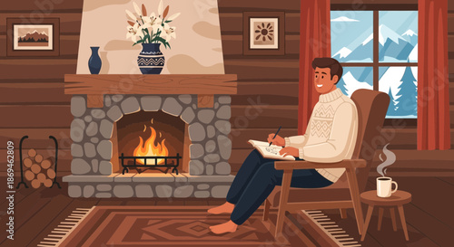 Happy young man sitting in a rocking chair writing in a notebook.