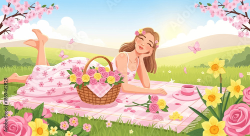 Happy young woman enjoying a peaceful spring picnic in a meadow.