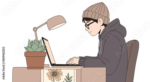 Illustrated young man with glasses and beanie using a laptop.
