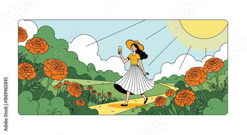 Happy young woman in a sun hat strolling with flowers and a smartphone.