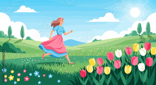 Illustration of a happy young woman running through a beautiful spring field.