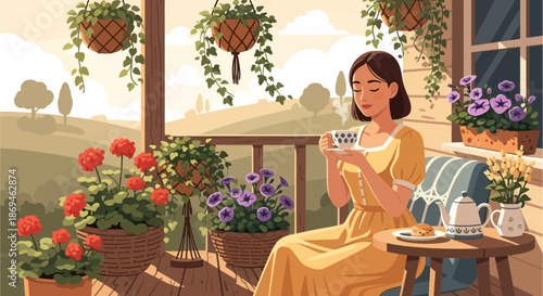 Illustration of a serene woman in a yellow dress enjoying a cup of tea.