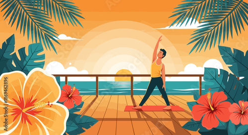 Illustration of a woman practicing a standing side bend yoga pose.