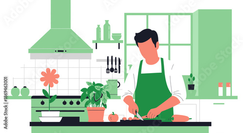 Man wearing a green apron diligently chopping vegetables for a meal.