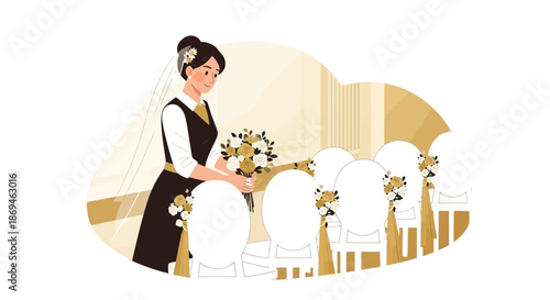 Professional event planner arranging floral decorations on white chairs for a wedding ceremony.
