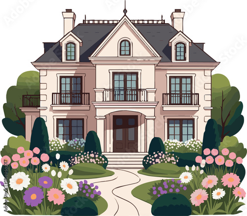Create a realistic Luxurious residential house with a big beautiful garden with blooming flowers and bushes vector art with white background.