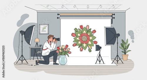 Professional photographer kneeling to capture a vibrant floral mandala arrangement in a studio.