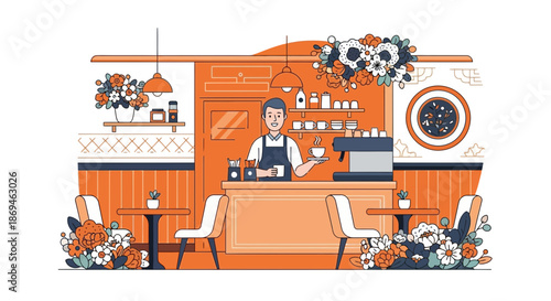 Professional male barista in an apron serving a fresh cup of coffee.