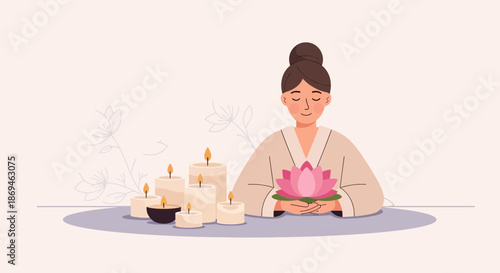 Serene woman in a meditative pose holding a pink lotus flower.