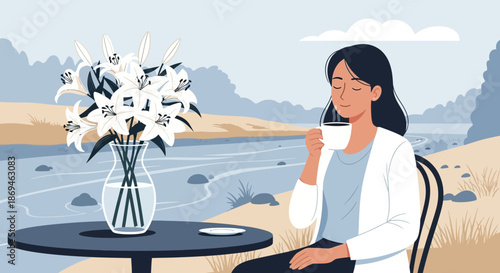 Serene woman with dark hair enjoying a cup of coffee at a table with white lilies.