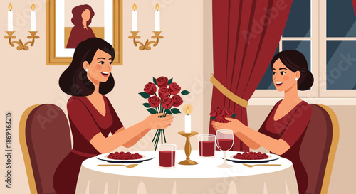 Two women in red dresses on a romantic candlelit dinner date.