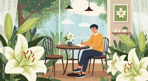 Young Asian man in a yellow sweater writing in a notebook at a table.