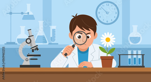 Young boy scientist in a lab coat studying a flower with a magnifying glass.