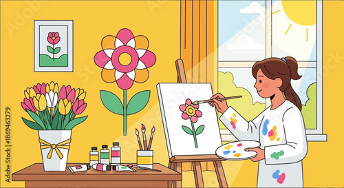 Young female artist creatively painting a colorful flower on a canvas in her studio.