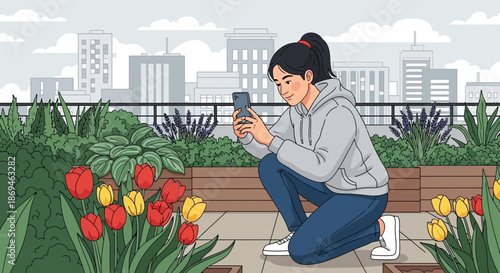 Young Asian woman in a grey hoodie crouching to photograph tulips with a smartphone.