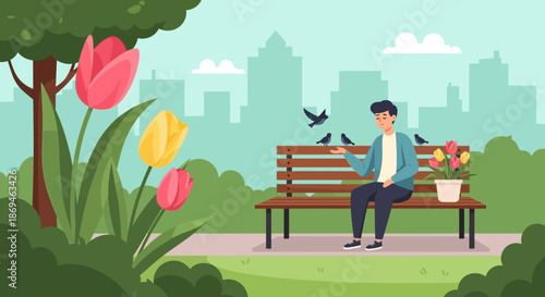 Young man relaxing on a park bench feeding a flock of birds.