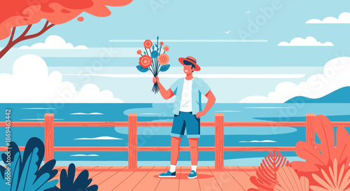 Young man in a summer hat holding a stick of candied fruit.