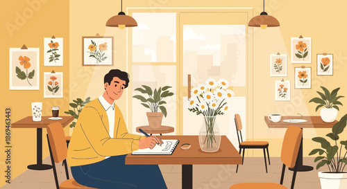 Young man in a yellow sweater working on a laptop and writing notes.