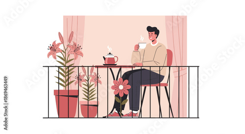 Young man relaxing on a beautiful balcony with a cup of tea.