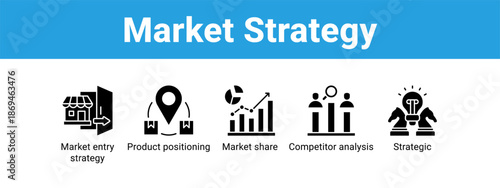 Market Strategy web banner icon vector illustration concept ,  with icon of Market entry strategy, Product positioning, Market share, Competitor.