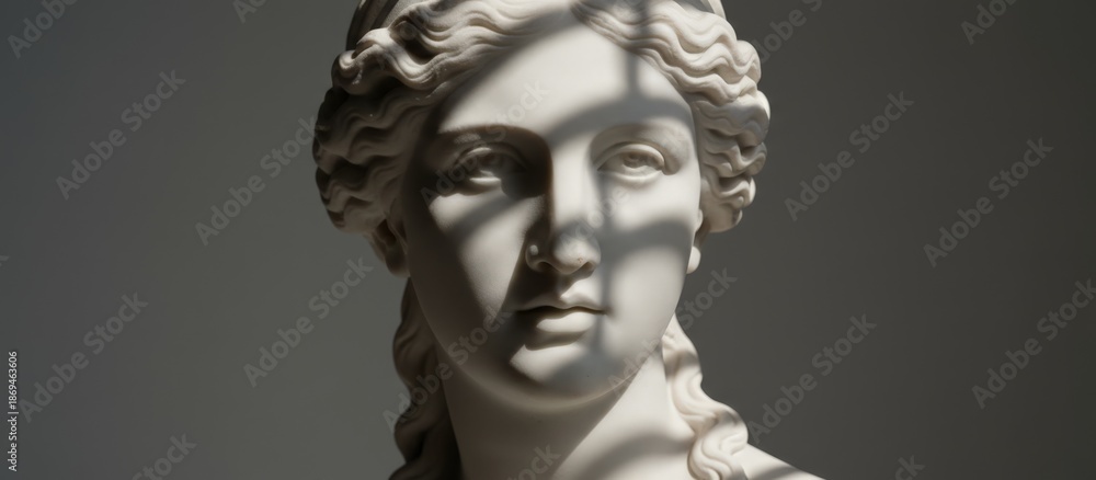 Obraz premium Calm Marble Bust Under Dramatic Side Light, Classical Woman Profile, Soft Shadows, Sculpted Wavy Hair, Subtle Chisel Marks, Weathered Patina, Neutral Grey Background, Contemplative Timeless