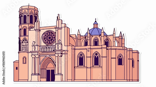 Ornate pink cathedral facade with blue dome, detailed gothic architectural style, isolated vector illustration