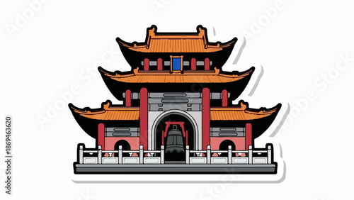 Ornate multi-tiered pagoda with a large bell within an arched entryway