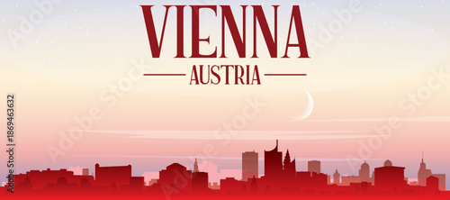 Red panoramic poster of the city skyline with misty background buildings, sunrise, moon and clouds of VIENNA, AUSTRIA