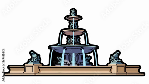 Ornate multi-tiered fountain with sculpted figures and cascading water, set on a stone base