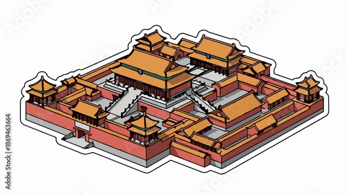 Ornate isometric illustration of a large, red walled ancient imperial palace with orange tiled roofs
