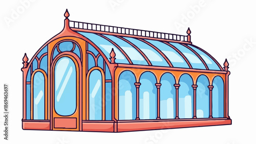 Ornate greenhouse with arched windows, glass roof, and decorative finials