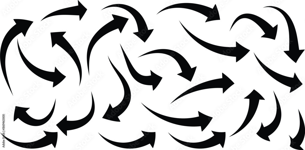 Fototapeta premium Hand drawn black charcoal symbols for hand drawn diagrams. Vector doodle marker drawing. Freehand different curved arrows, swirls, crosses, circles and check marks.