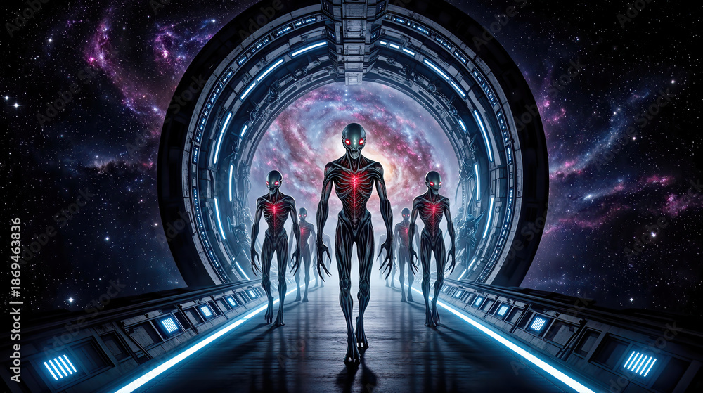 Obraz premium Futuristic Alien Invasion Through a Galactic Tunnel Elongated Beings with Red Hearts and Glowing Eyes in a Dark Space Portal of Swirling Stars