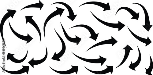 Hand drawn black charcoal symbols for hand drawn diagrams. Vector doodle marker drawing. Freehand different curved arrows, swirls, crosses, circles and check marks.